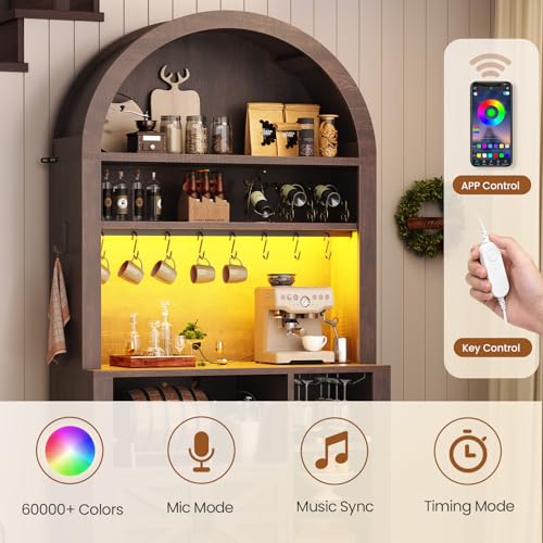 73" Tall Arched Bakers Rack with Power Outlet and LED Light (Brown)