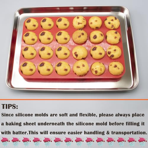24 Cups Silicone Mini Muffin Pan Set (Set of 2--24 Cups (Red+Red))