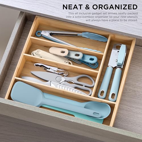 Bamboo Kitchen Utensil Set with Drawer Organizer (Blue / 18 Piece Gadget Set)