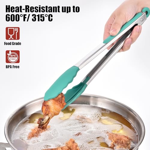 Kitchen Tongs with Silicone Tips for Cooking Serving (12in / Aqua Sky)