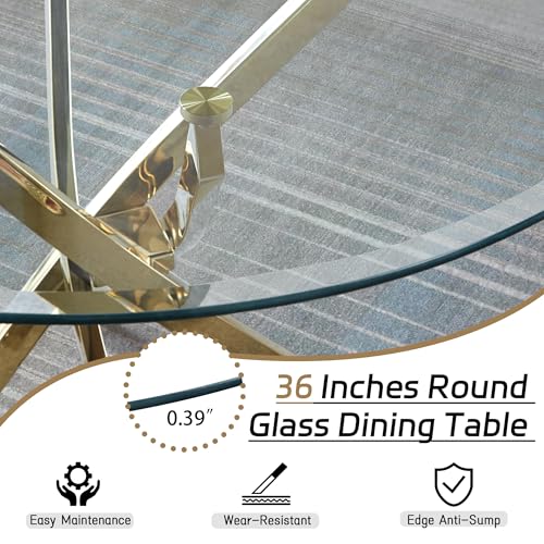 5 Piece Round Glass Dining Table Set (Round Table - 4 Gold White Chairs)