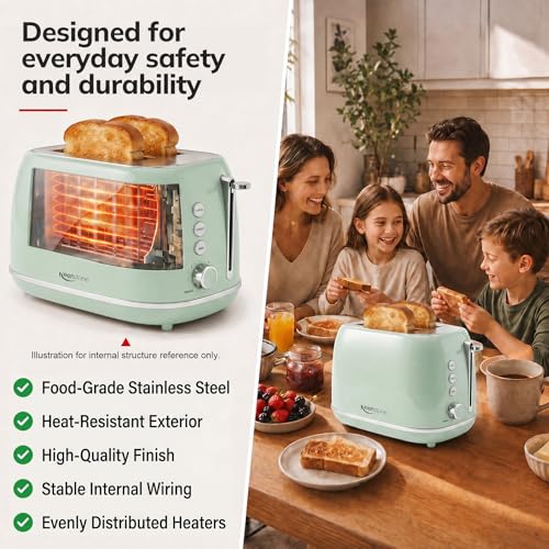 2 Slice Stainless Steel Toaster Retro with 6 Bread Shade Settings (2 Slice / Green)