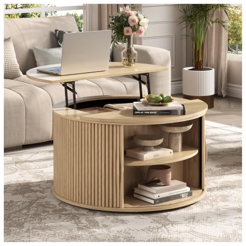 31.5" Round Lift Top Coffee Table with Storage for Living Room (Rustic Oak)