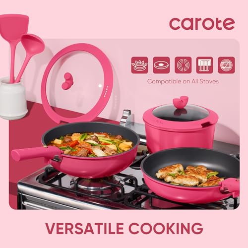 15pcs Pots and Pans Set Non Stick (Dark Pink)