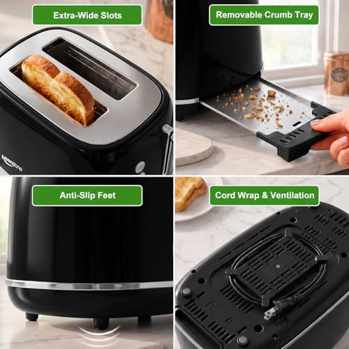 2 Slice Retro Stainless Steel Toaster with Bagel (2 Slice / Black)