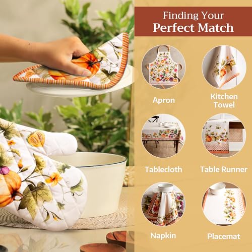 Maison d'Hermine Oven Gloves 100% Cotton Oven Mitt (069 - Pumpkin Garden - Cloudy Cream / 7.5" x 13" (Oven Mitt))