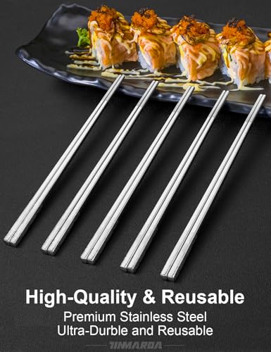 Metal Chopsticks Reusable Stainless Steel Chopsticks Dishwasher Safe Square Lightweight Non (Fu Silver 5 Pairs)