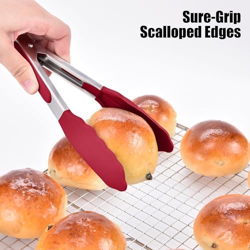 Kitchen Tongs with Silicone Tips for Cooking Serving (7in / Red)