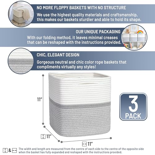 Storage Cubes 11 Inch Cotton Rope Woven Baskets for Organizing (Off White & Gray & Mixed Gray)