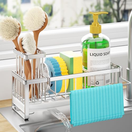 Sponge Holder for Kitchen Sink (Silver / with Dishcloth Holder)