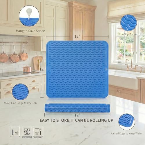 Silicone Dish Drying Mat for Multiple Usage (Lichen Blue / 12"L x 12"W)