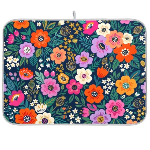 Flower Floral Dish Drying Mat for Kitchen Counter Absorbent Microfiber Drying Pad (16" x 18")