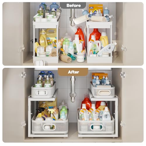 2 Pack 21IN Depth Under Sink Organizer With Next (White / 2 Pack-21"Dx12.4"-16.5"H)