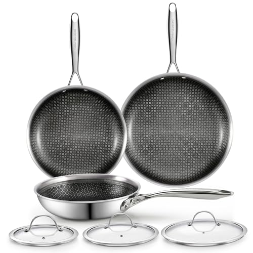 6 Piece Hybrid Nonstick Frying Pans Set with Glass Lids (8 and 10 and 12 Inch)