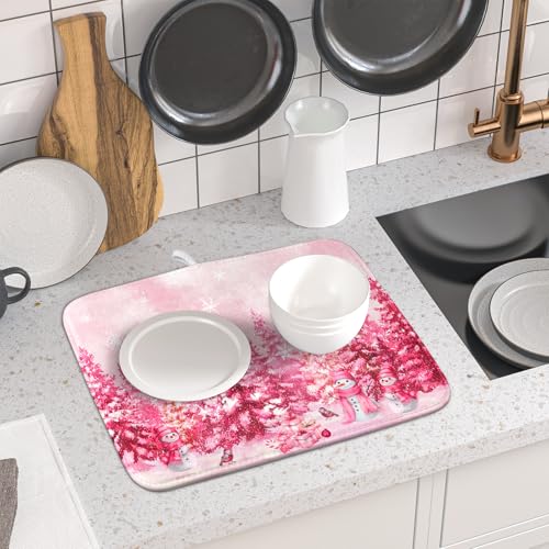 Pink Winter Dish Drying Mat Forest Washable Drying Matt Kitchen Counter Absorbent Coffee Mat for Women (Winter Forest Pink / 18" x 16")