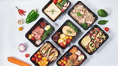 32 oz 50Pack Plastic Meal Prep Food Storage Containers with Lids Reusable 1 Compartment To Go Lunch Box Black Extra Large &Thick Microwave Freezer Safe BPA Free Stackable (32S-50)