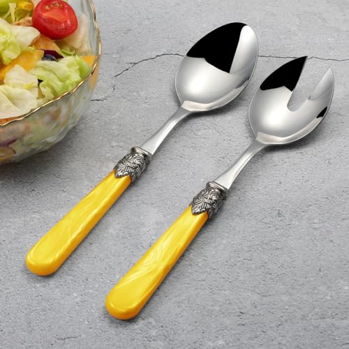 2 piece Salad Servers Stainless Steel Salad Serving Set Salad Fork and Spoon (Yellow)