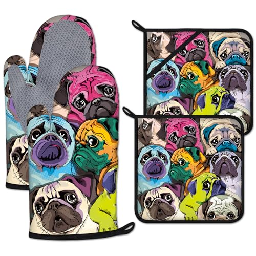 Colorful Pug Dog Face Oven Mitts and Pot Holders Sets Heat Resistant 4Pcs Potholders Oven Gloves Hot Pads for Kitchen Baking Cooking Grilling BBQ (Colorful Pug Dog Face)