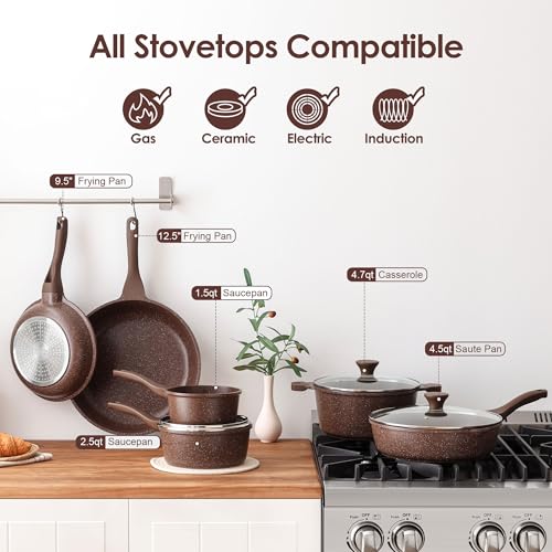 16Pcs Pots and Pans Set Non Stick (Toffee Brown)