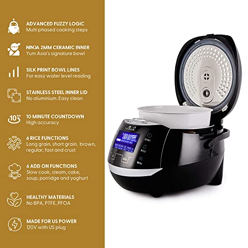 Sakura Rice Cooker with Ceramic Bowl and Advanced Fuzzy Logic (Black and Silver)
