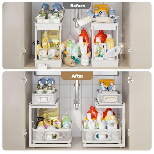 2 Pack Under Sink Organizer With Next (White / 2 Pack-15.5"Dx12.4"-16.5"H)