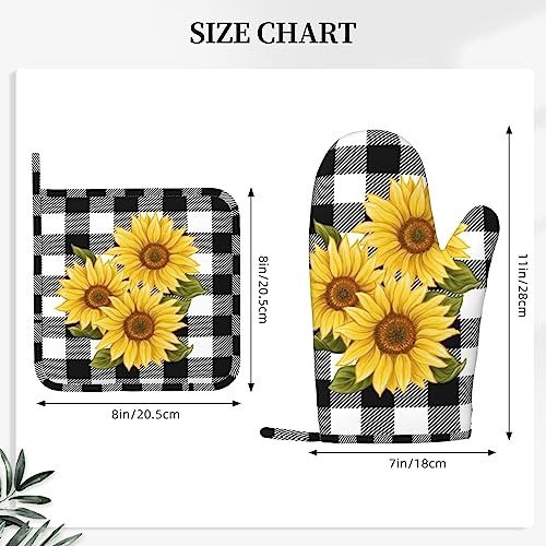 Sunflower Black White Buffalo Plaid Oven Mitts and Pot Holders Sets Silicone Yellow Floral Lumberjack Check Kitchen Mitts Potholders Heat Resistant 4Pcs Oven Gloves Hot Pads for Kitchen (Sunflower Plaid)