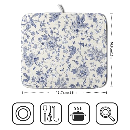 Chinoiserie Flower Dish Drying Mat Blue Leaves Dishes Drying Pad Reusable Washable Kitchen Countertop Protector Dish Drainer Mat 16x18 Inch (Chinoiserie Flower / 16" x 18")