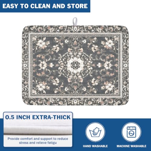 Boho Floral Dish Drying Mat Grey Leaves Dishes Drainer Pad 18x24 Inch Microfiber Absorbent Kitchen Dry Rack Mat for Counter Tableware Decor (Grey Boho Floral / 18x24 inch)