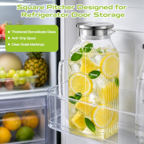 Glass Pitcher with Lid for Fridge (68oz-2Sq)