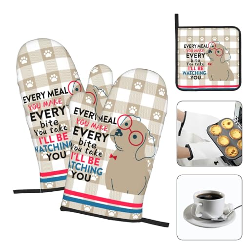 Funny Dog Oven Mitts and Pot Holders Sets of 3 Cute Oven Gloves (Funny Dog)