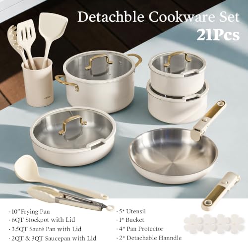 21pcs Tri Ply Stainless Steel Cookware Set with Detachable Handle (White / 21 PCS)