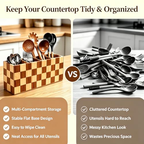 Large Kitchen Utensils Holder 4 Compartments with Checkered Design (Checkered / 4 Compartment)