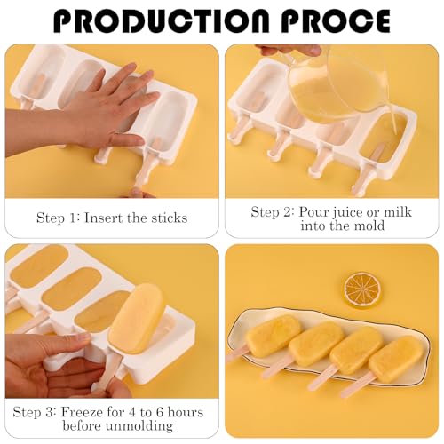 3 Pcs 4 Cavity Mini Popsicle Silicone Molds with 100 Wooden Sticks (3 Pcs Mini - White)