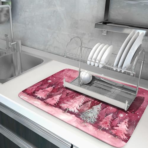 Pine Trees Dish Drying Pad Christmas Decorative Drying Mat Kitchen Essentials Absorbent Dishes Rack Pad 18 X 24 Inch (Snowy Forest 4725 / 24" x 18")