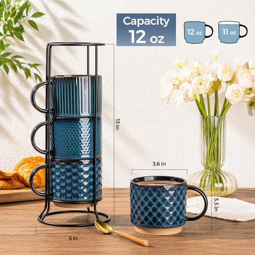 12 OZ Stackable Coffee Mugs Set of 4 (Deep Sea / 12oz (With Stand))
