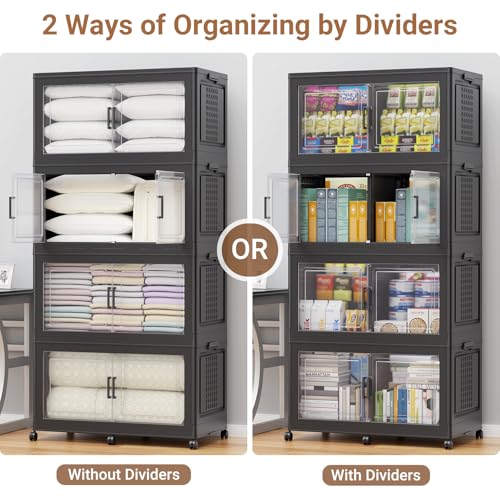 200Gal XL Stackable Storage Bins Foldable Box Cabinet for Home (Black / 200QT-4Pack)