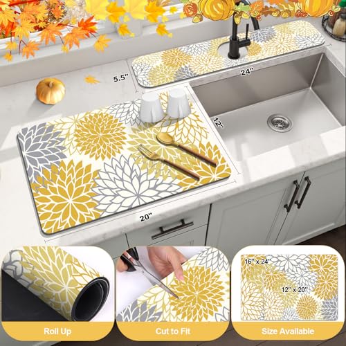 2Pcs Fall Dish Drying Mat & Sink Splash Guard (Yellow / 12" X 20" + 24" X 5.5")