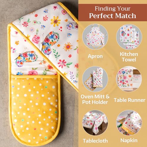 Double Oven Mitts 100% Cotton Double Oven Glove (034 - Happy Florals - Sweety / 7" x 35" (Double Oven Mitt))