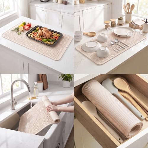 Silicone Dish Drying Mat for Multiple Usage (Tapioca / 36"L x 18"W)