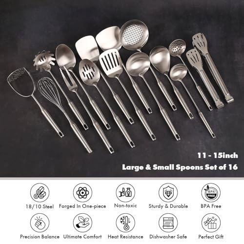 18 10 Stainless Steel Small & Large Cooking Spoons Set (16-Pieces)