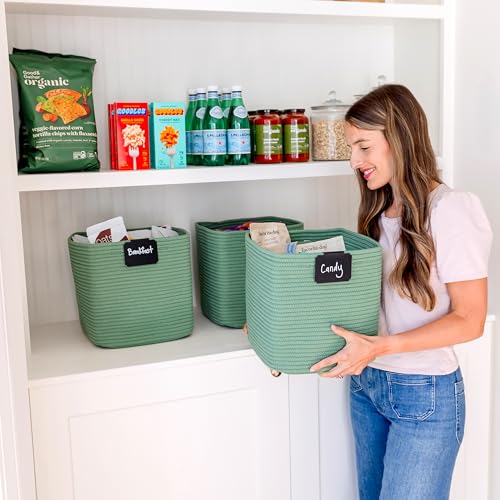 13 Inch Cube Storage Bins Cotton Rope Woven Baskets for Organizing 3 (Green / 13 x 13 x 13 (Standard))
