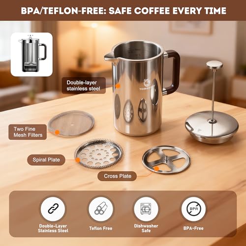 1L 34 Oz French Press Coffee Maker (Silver-Upgrade)