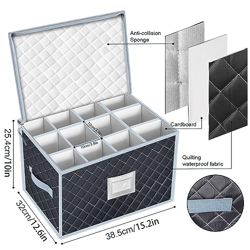 Wine Glass Storage Box with Dividers Holds 24 Stemware Storage Cases or China Crystal Glassware Containers with Handles and Lable Window (2 Count)