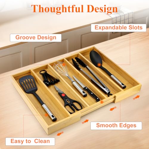 Expandable Bamboo Silverware Drawer Organizer Large Kitchen Utensils Tray ((12.6"-21")x 15.7" / Bamboo)