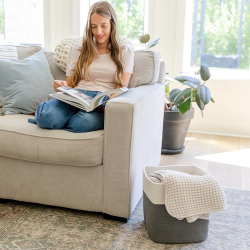 Storage Cubes 11 Inch Cotton Rope Woven Baskets for Organizing (Off White & Charcoal Gray)