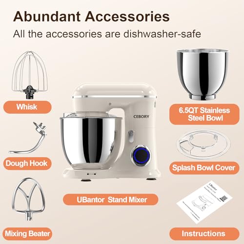 3-IN-1 Electric Stand Mixer, 6.5QT Bowl 660W 10-Speed Kitchen Mixer, Household Food Mixers include Dough Hook, Beater and Whisk, Bread Cake Mixer for Baking and Most Home Cooks, Almond Cream (Almond Cream)