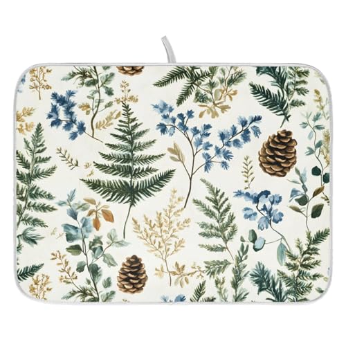 Vintage Herbs Fern Leaves Floral Plant02 Dish Drying Mat for Kitchen Counter Absorbent Microfiber Small Drying Pad Dish Mats for Kitchen Countertops 16 x 18 Inch (18" x 16")