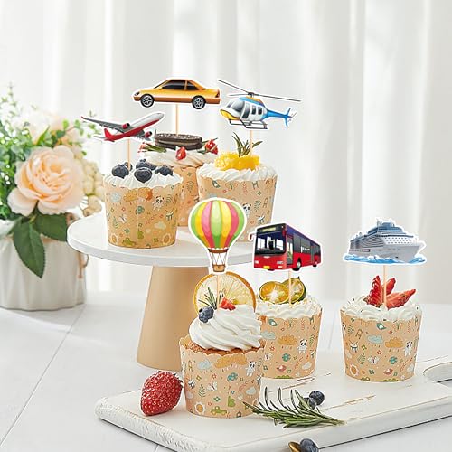 24Pcs Printed Transportation Cupcake Toppers Train Hot Air Balloon Motorcycle Bus Boat Airplane Cupcake Picks for Transportation Theme Baby Shower Boys Girls Birthday Party Decorations (White)