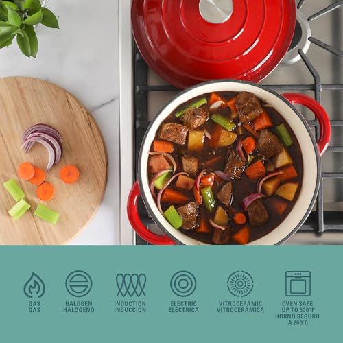 Addlestone 5 Quart Red Enamel Cast Iron Dutch Oven with Lid and Dual Handles (5-Quart / Gradient Red)