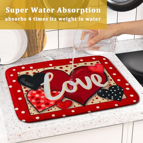 Love Heart Dish Drying Mat 16"x18" Red Dots Microfiber Dish Rack Mat Holiday Absorbent Fast Dry Draining Pad for Kitchen Counter Bar Sinks (Love Heart / 16" x 18")